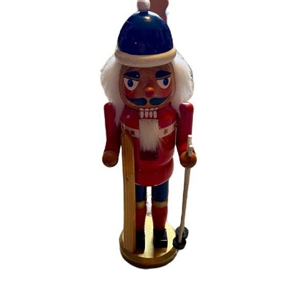 Vintage Ski Nutcracker Wooden Red Blue Christmas Decoration - Picture 1 of 5